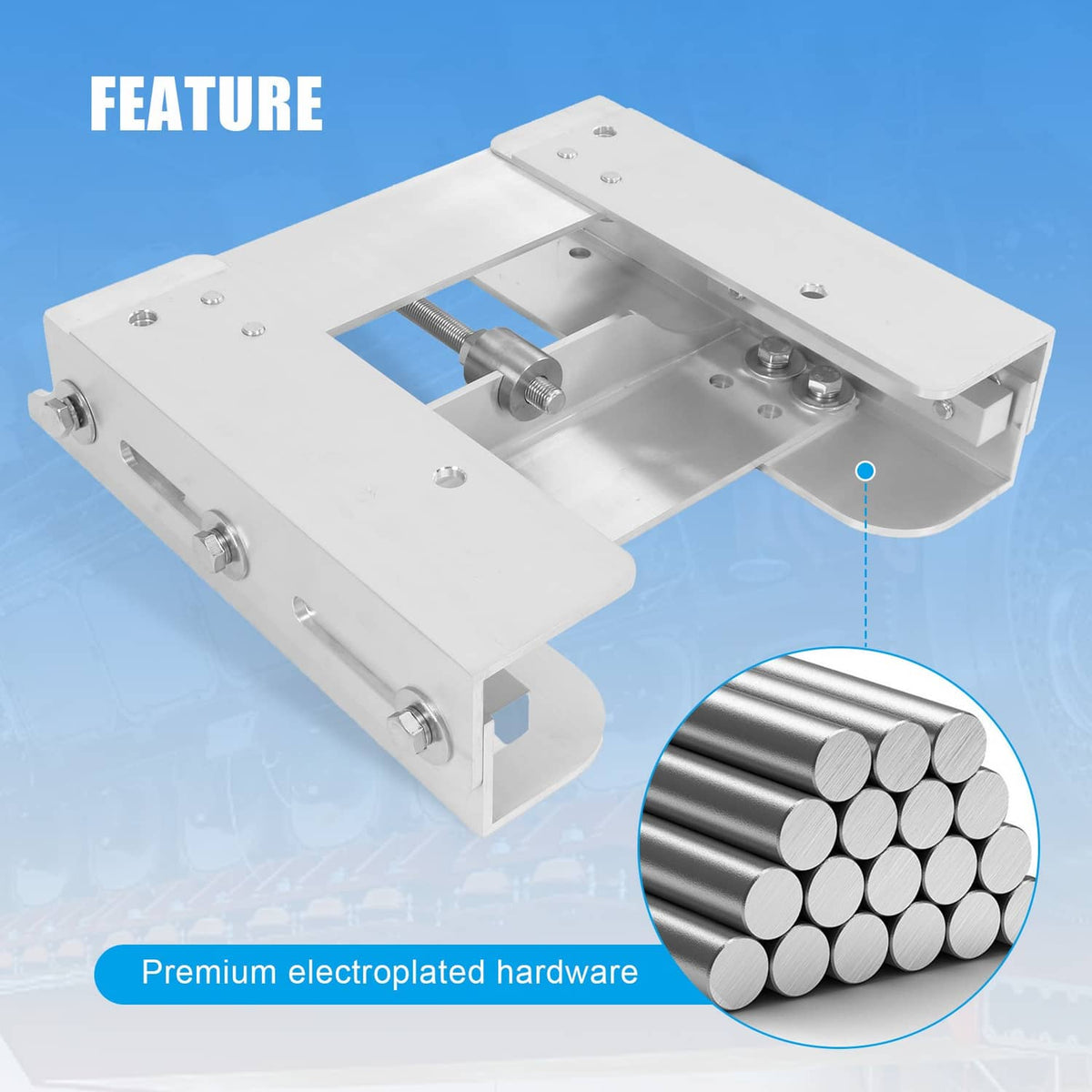 Boat jack plate set with open platform, center pivot, and included mounting hardware, silver