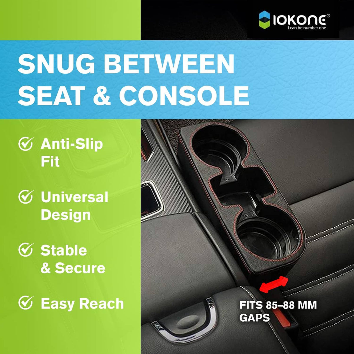 Black seat-and-console organizer insert with dual cup openings and side storage, red trim