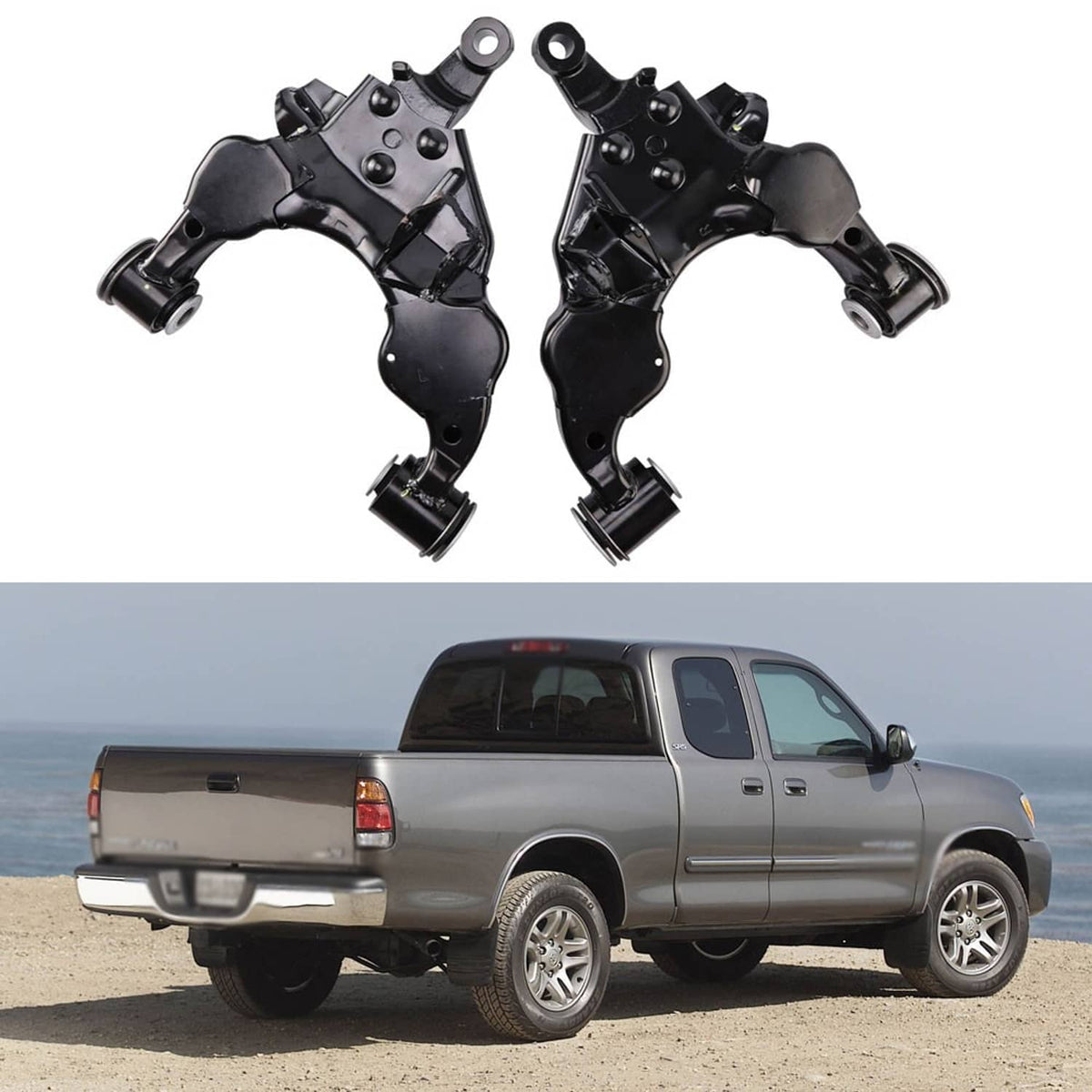 Front lower suspension control arm set, two black control arms with joint ends and bushings
