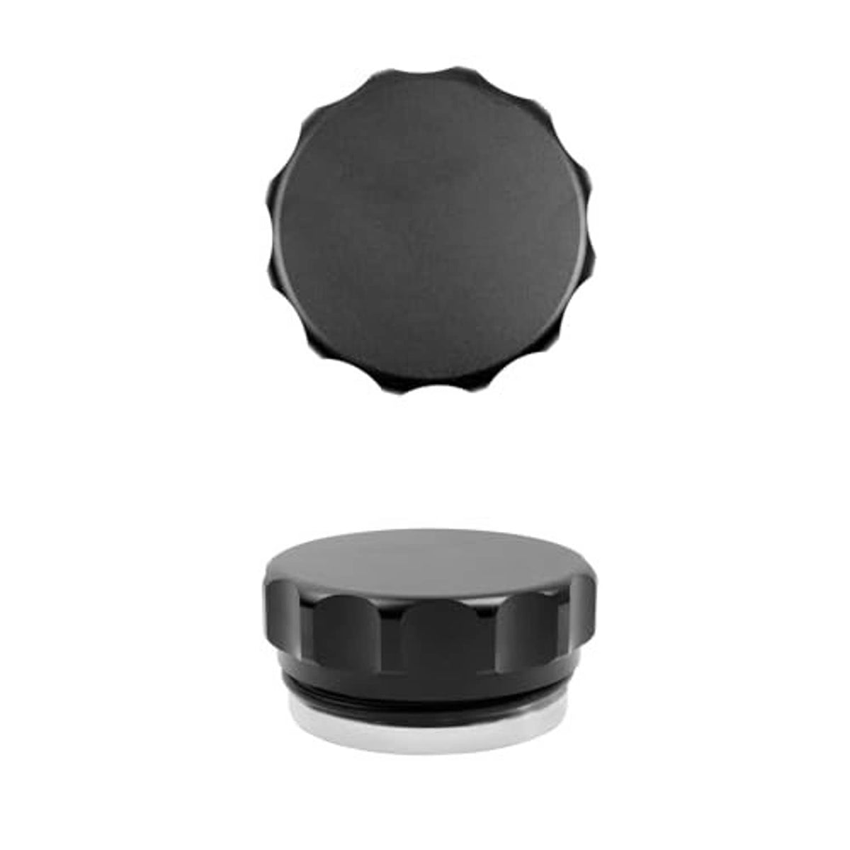 Black round filler cap with ribbed outer grip and metal sealing collar