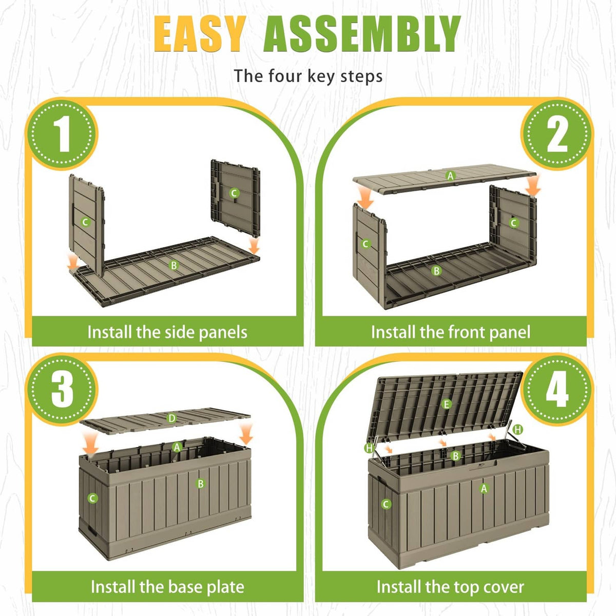 Coffee outdoor storage box assembly diagram with side panels and top cover