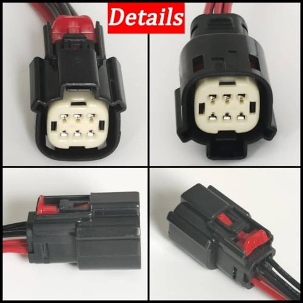 6-pin headlight wiring connector details, dual housings with red tab terminal blocks