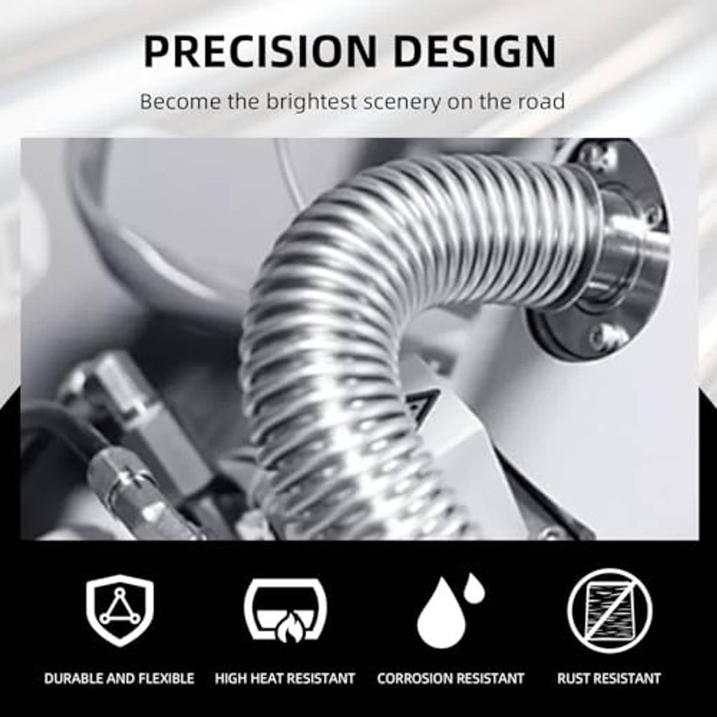 Close-up stainless steel exhaust hose coil with metal fitting and clamp