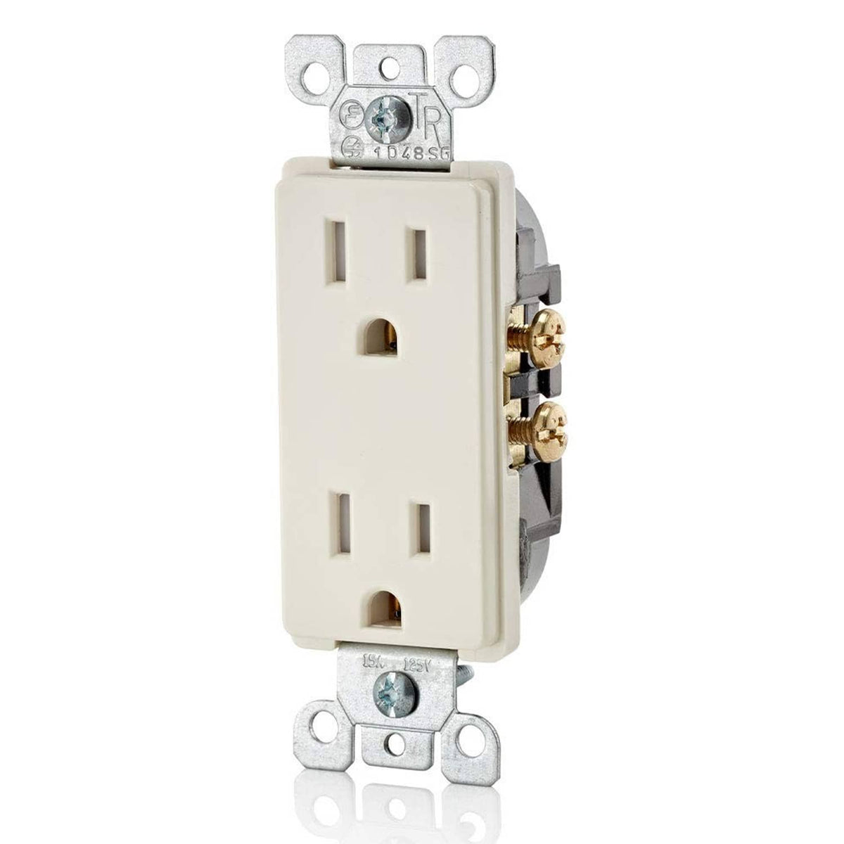 Light almond tamper-resistant duplex outlet receptacle, side view with brass terminals