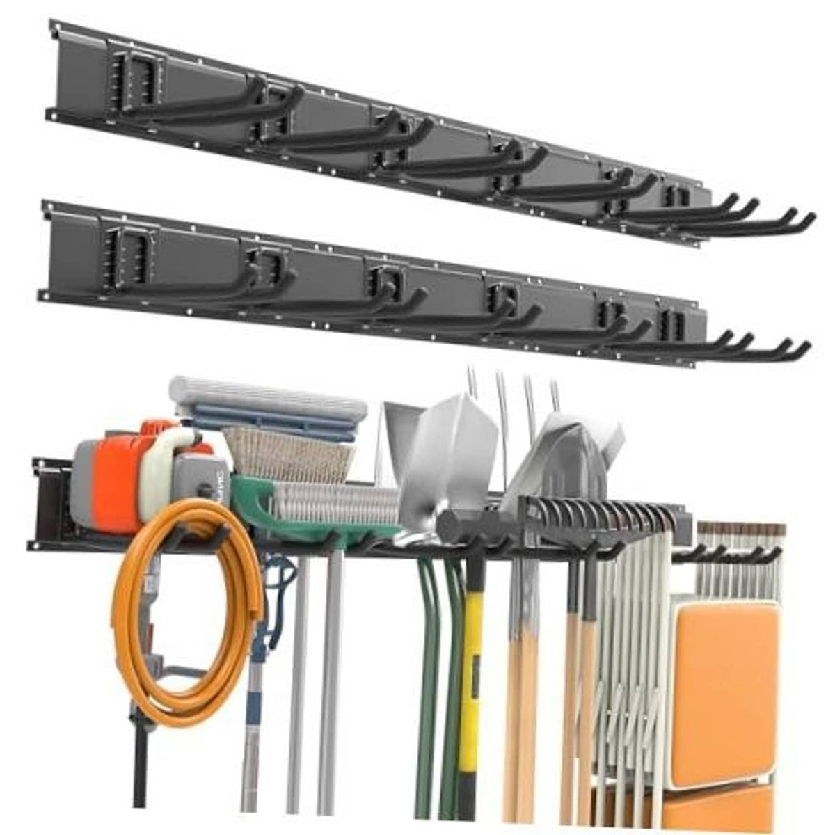 Black wall-mount tool rack with multiple curved hooks for hanging tools and garden gear