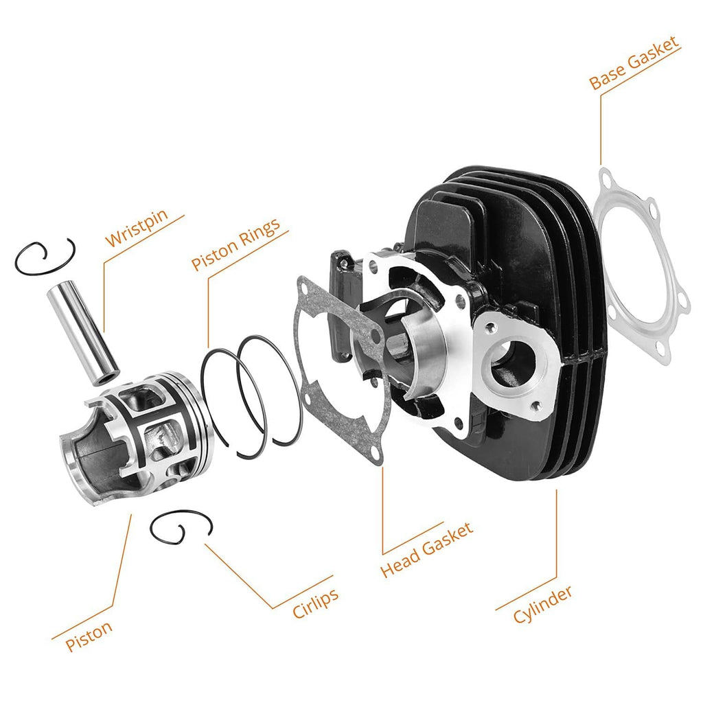 Exploded view of cylinder top end kit with piston, wrist pin, rings, and gaskets