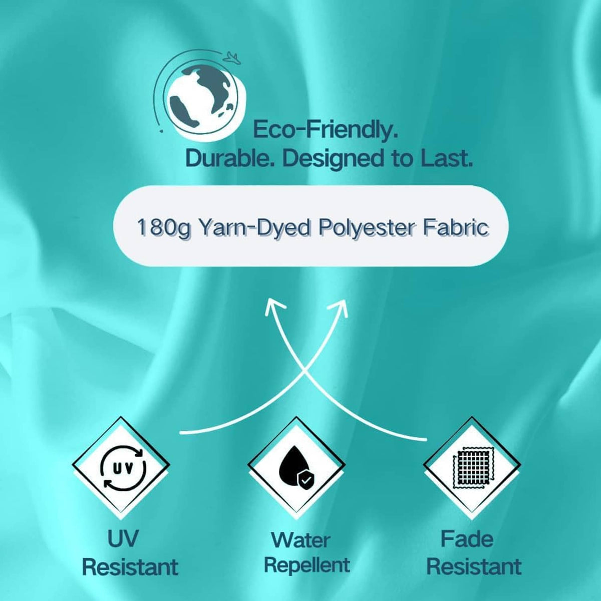 Teal polyester umbrella canopy fabric with UV and water resistance icons