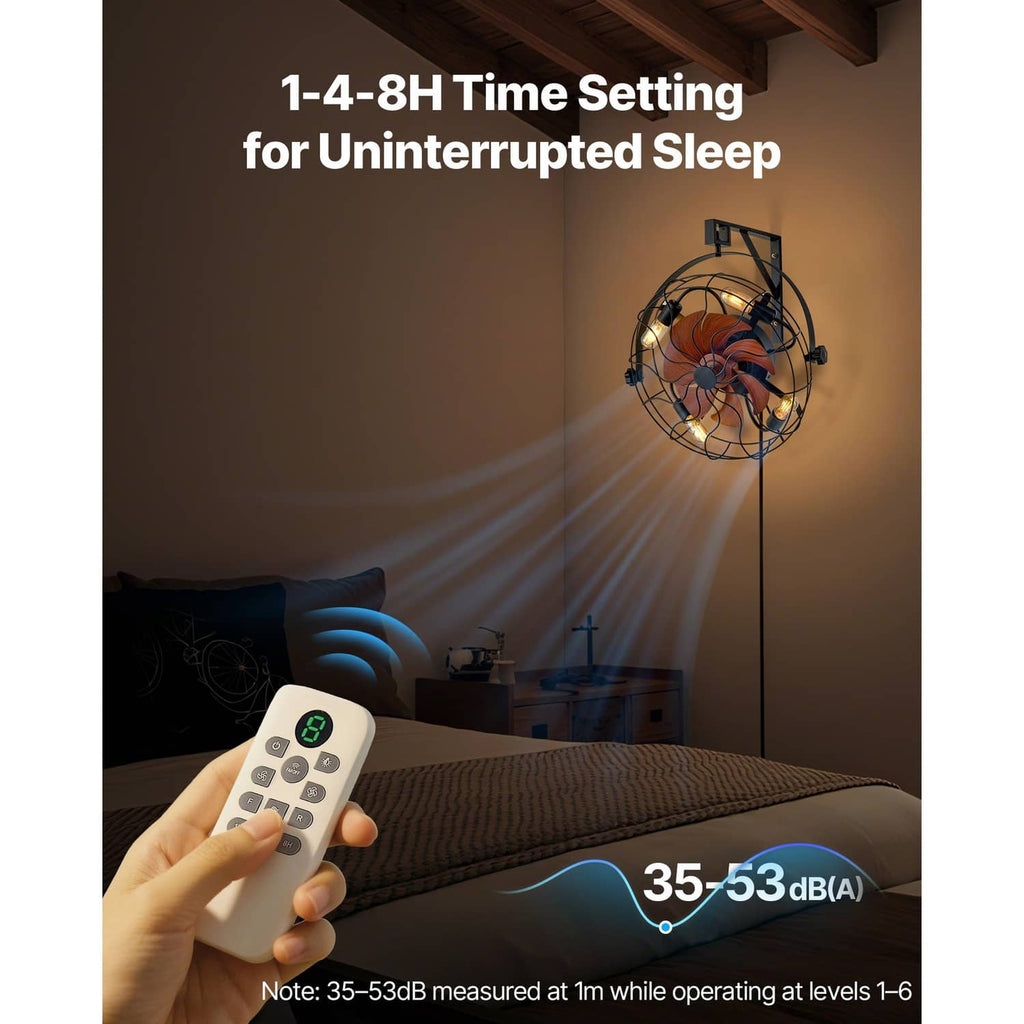 Wall-mounted fan with orange wood-look blades and 4 glowing bulbs, controlled by handheld remote