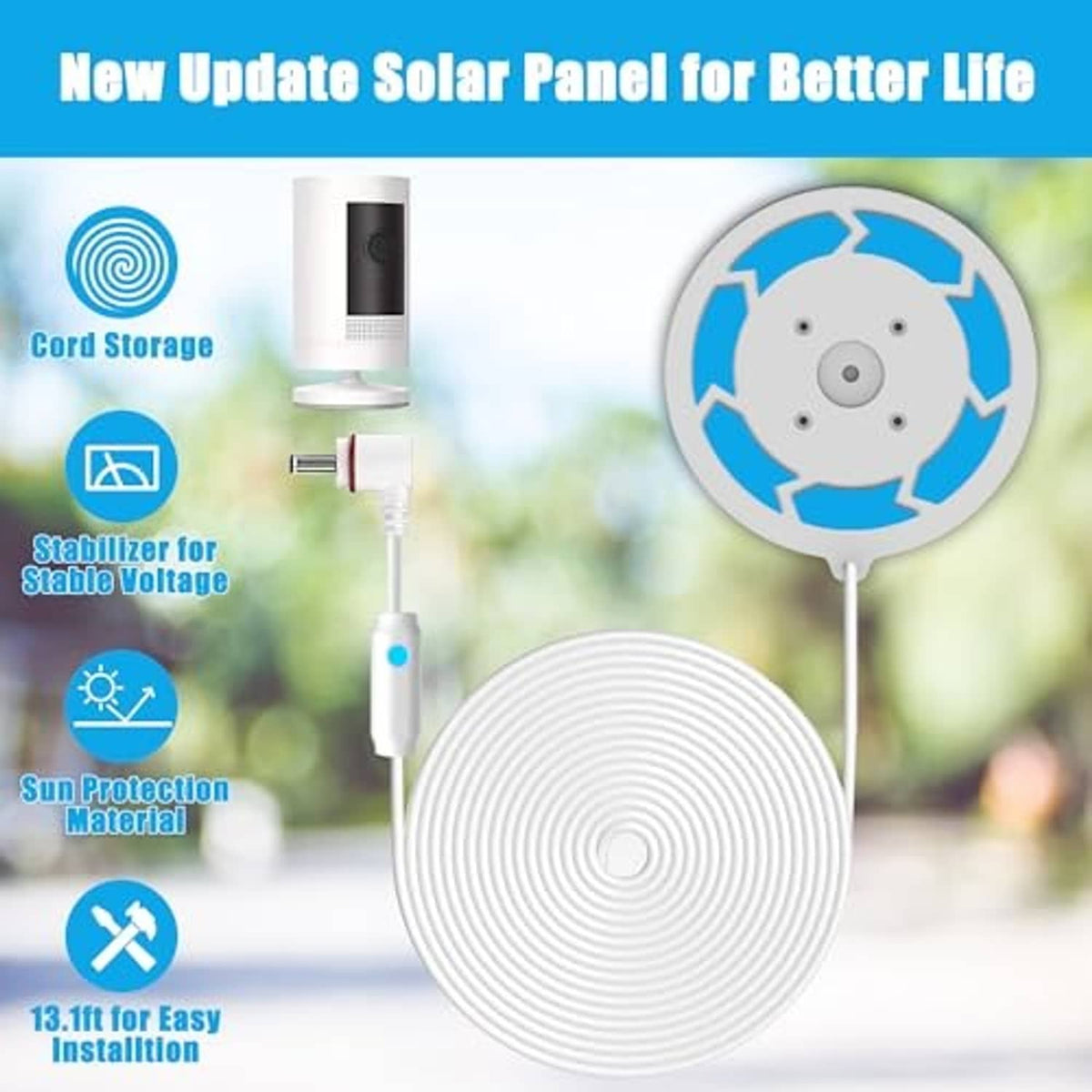 6W solar panel system with coiled charging cable and camera base for outdoor use