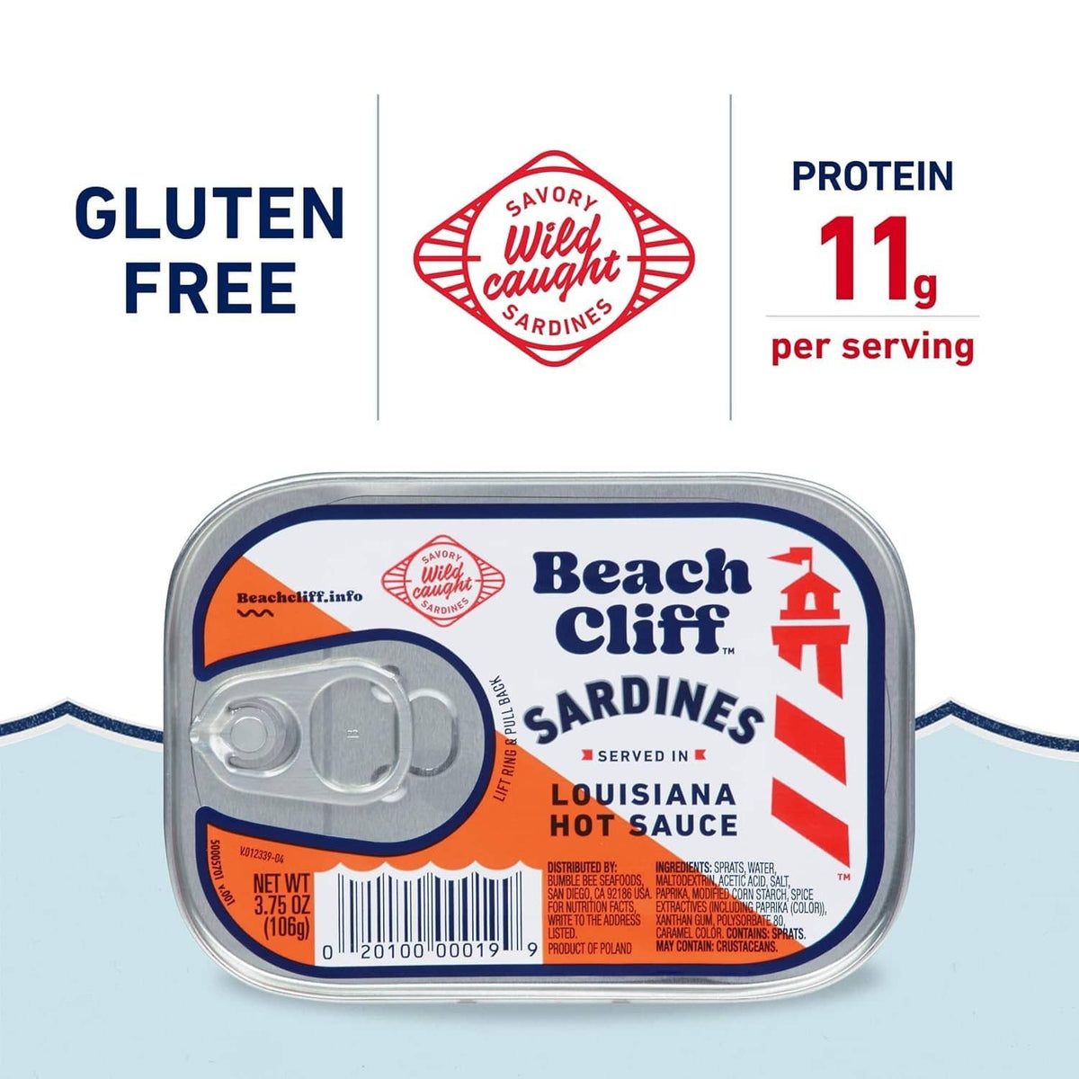 Beach Cliff sardines tin labeled Louisiana hot sauce, sealed with metal lid