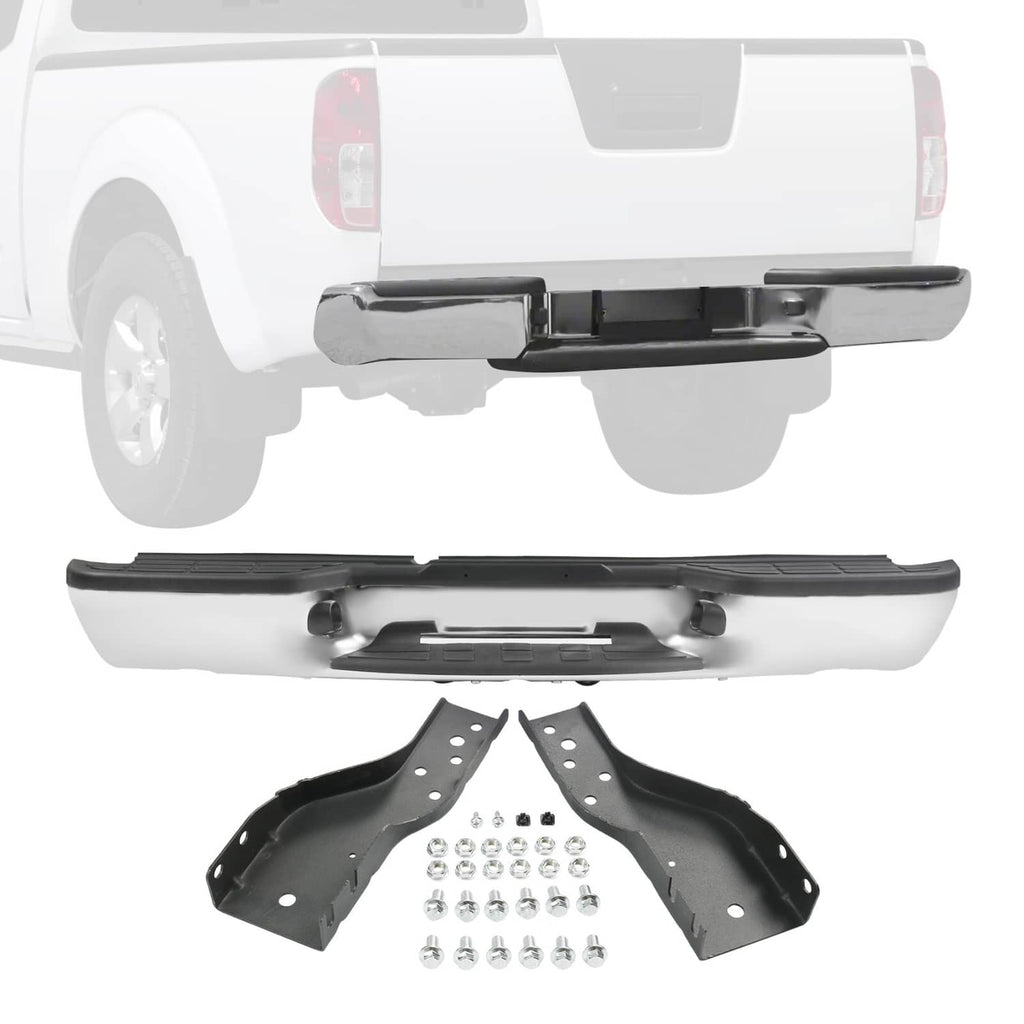 Rear step bumper assembly with black step pad, chrome-finish bars, and mounting hardware