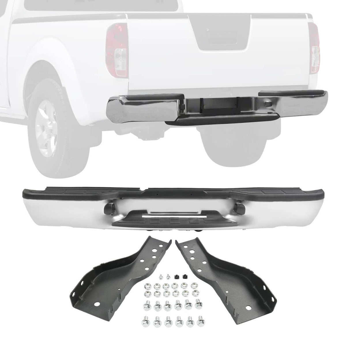 Rear step bumper assembly with black step pad, chrome-finish bars, and mounting hardware