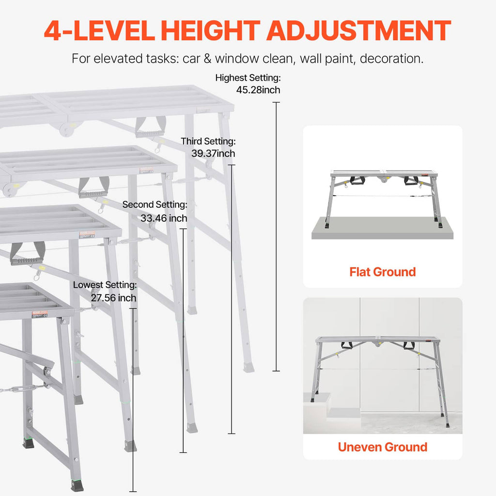 4-level adjustable portable scaffolding platform with height settings and locking legs