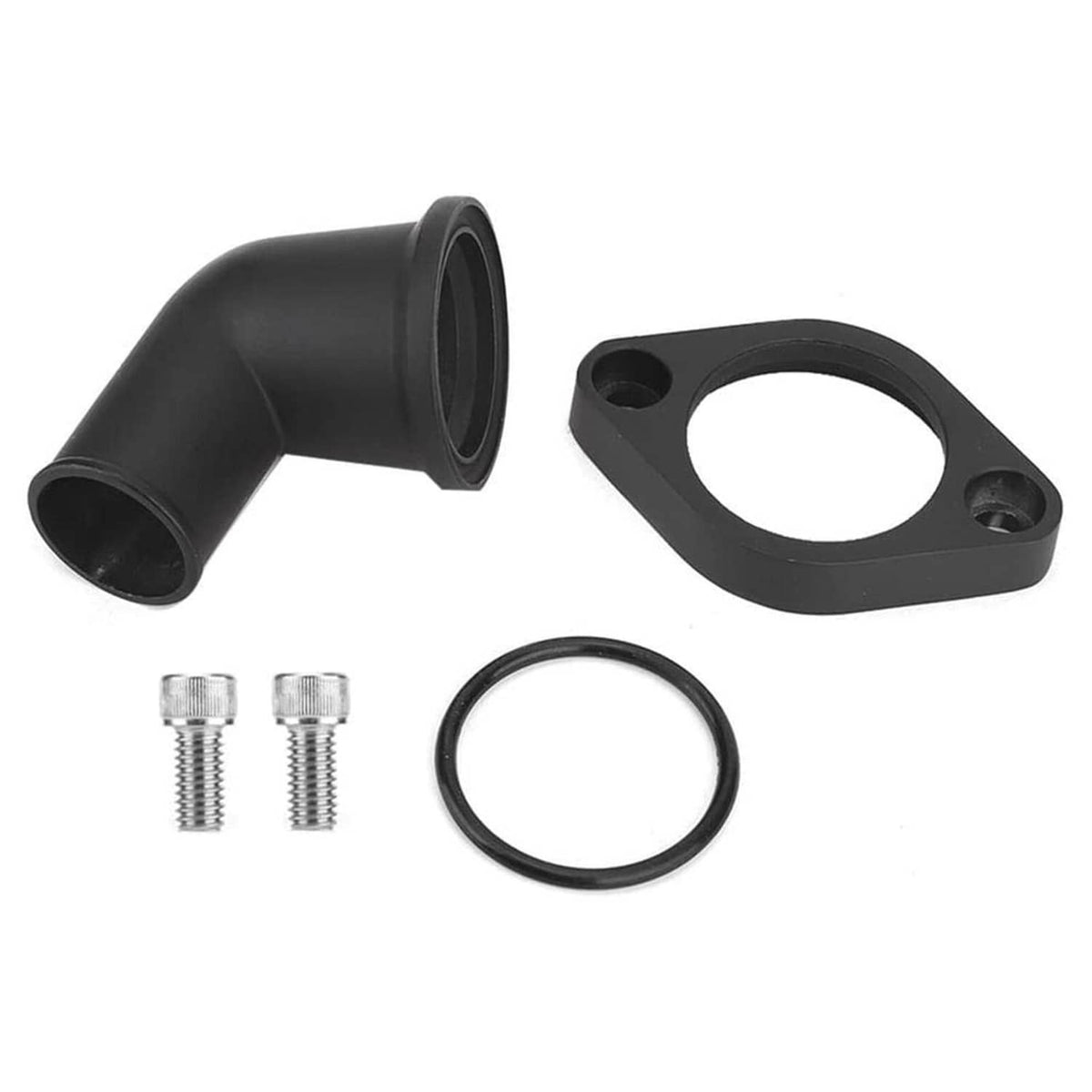 Black thermostat neck housing elbow with mounting plate, bolts, and gasket ring