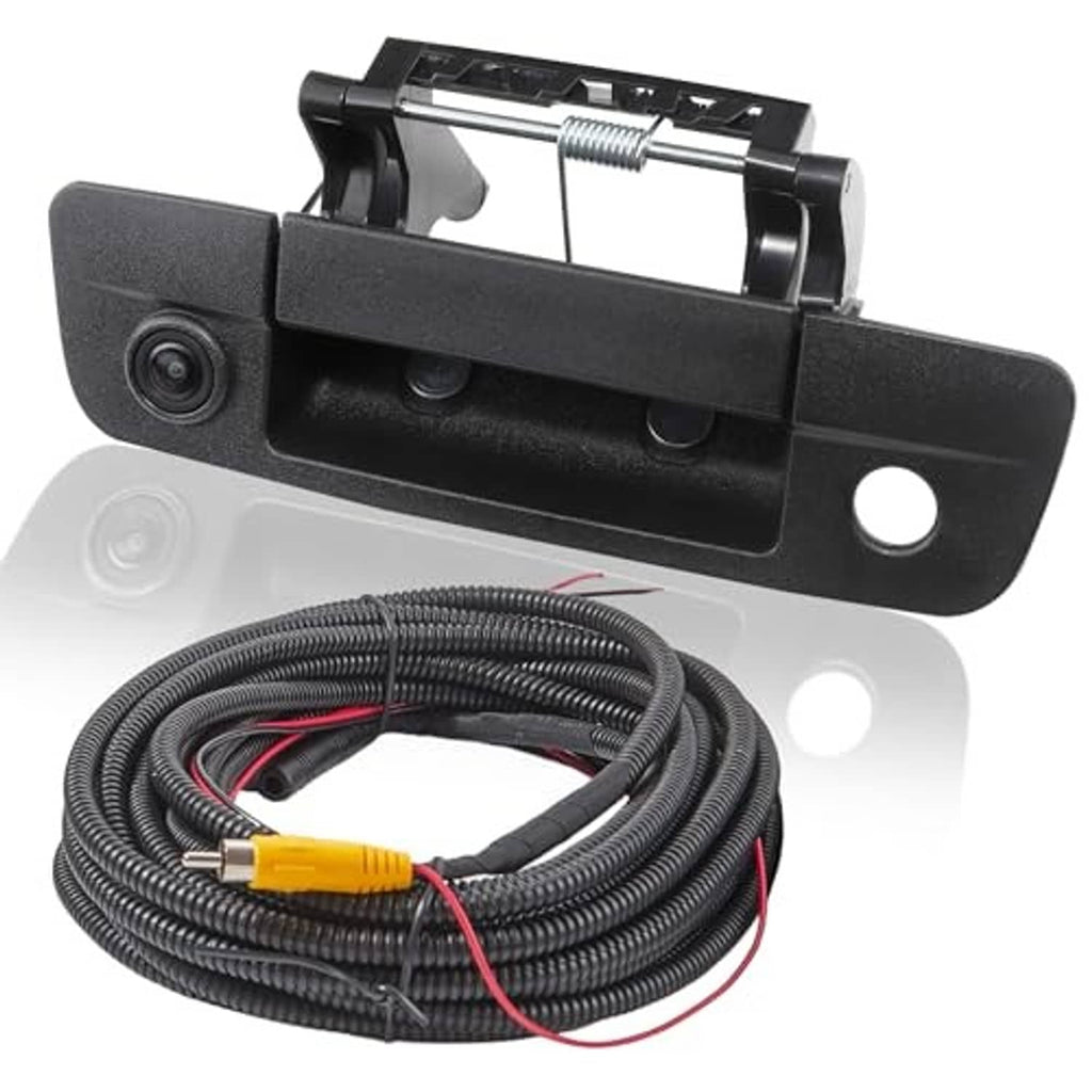 Black tailgate handle backup camera with built-in lens and wiring harness