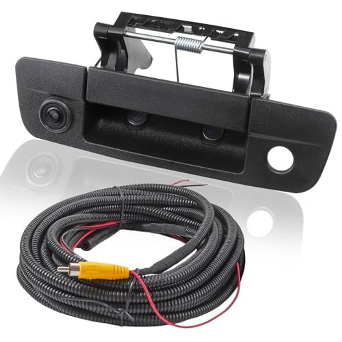Black tailgate handle backup camera with built-in lens and wiring harness