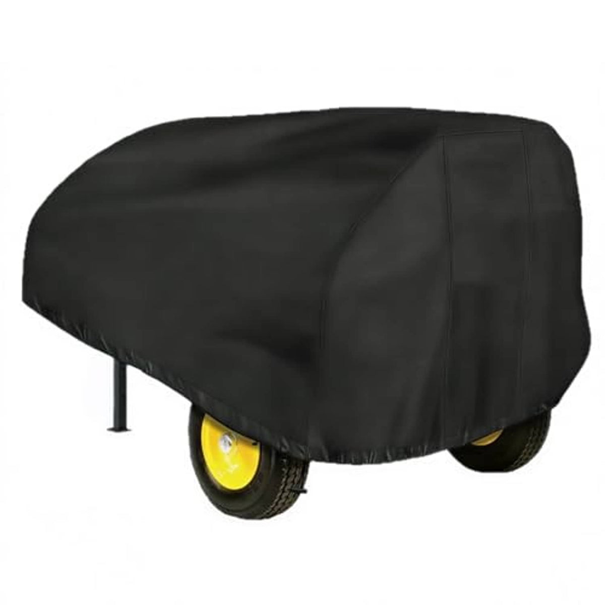 Black waterproof log splitter cover with domed hood, side view over tires