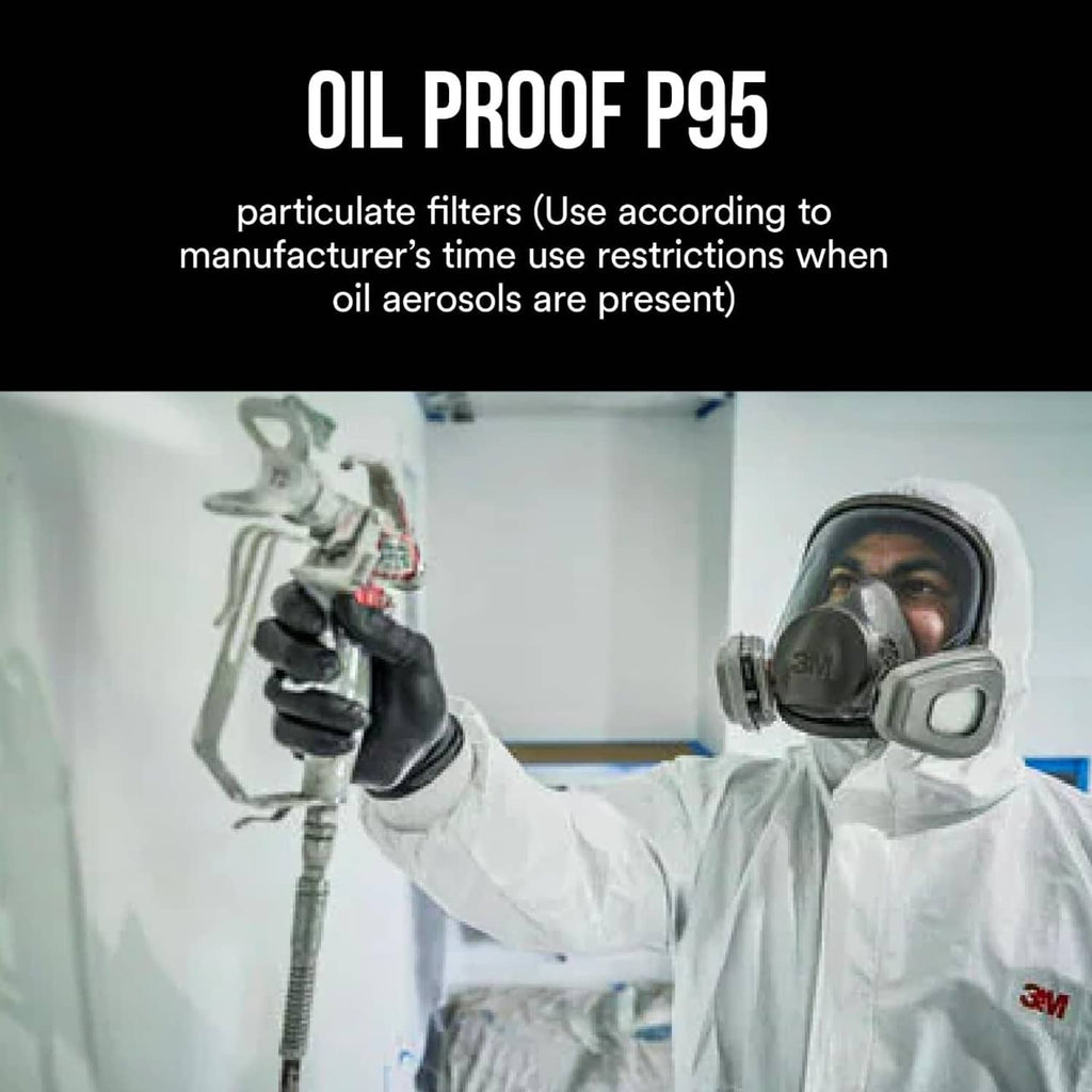 Protective worker wearing respirator with gray organic vapor cartridge filters