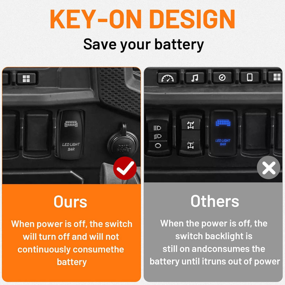 Dashboard rocker switch with illuminated LED light bar icon on control panel
