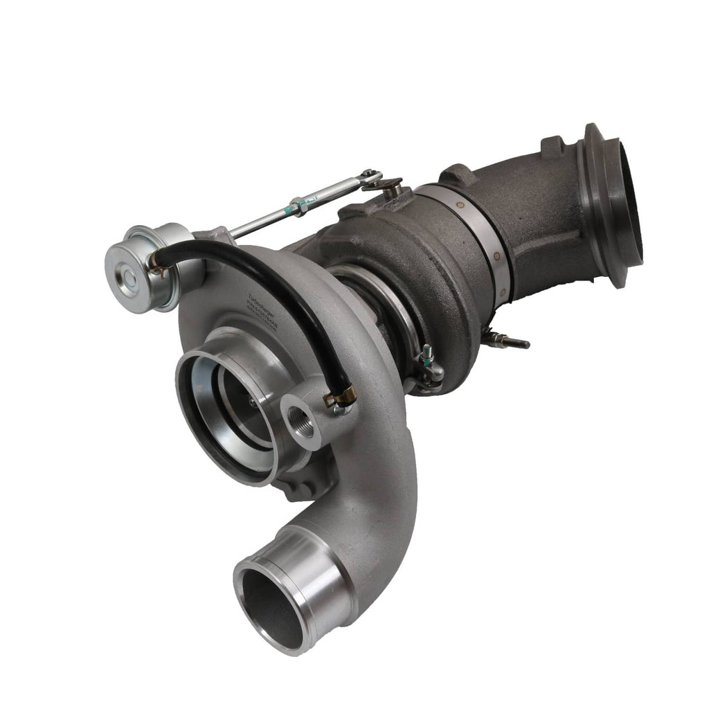 Turbocharger with metal compressor and exhaust housings, black intake piping attached