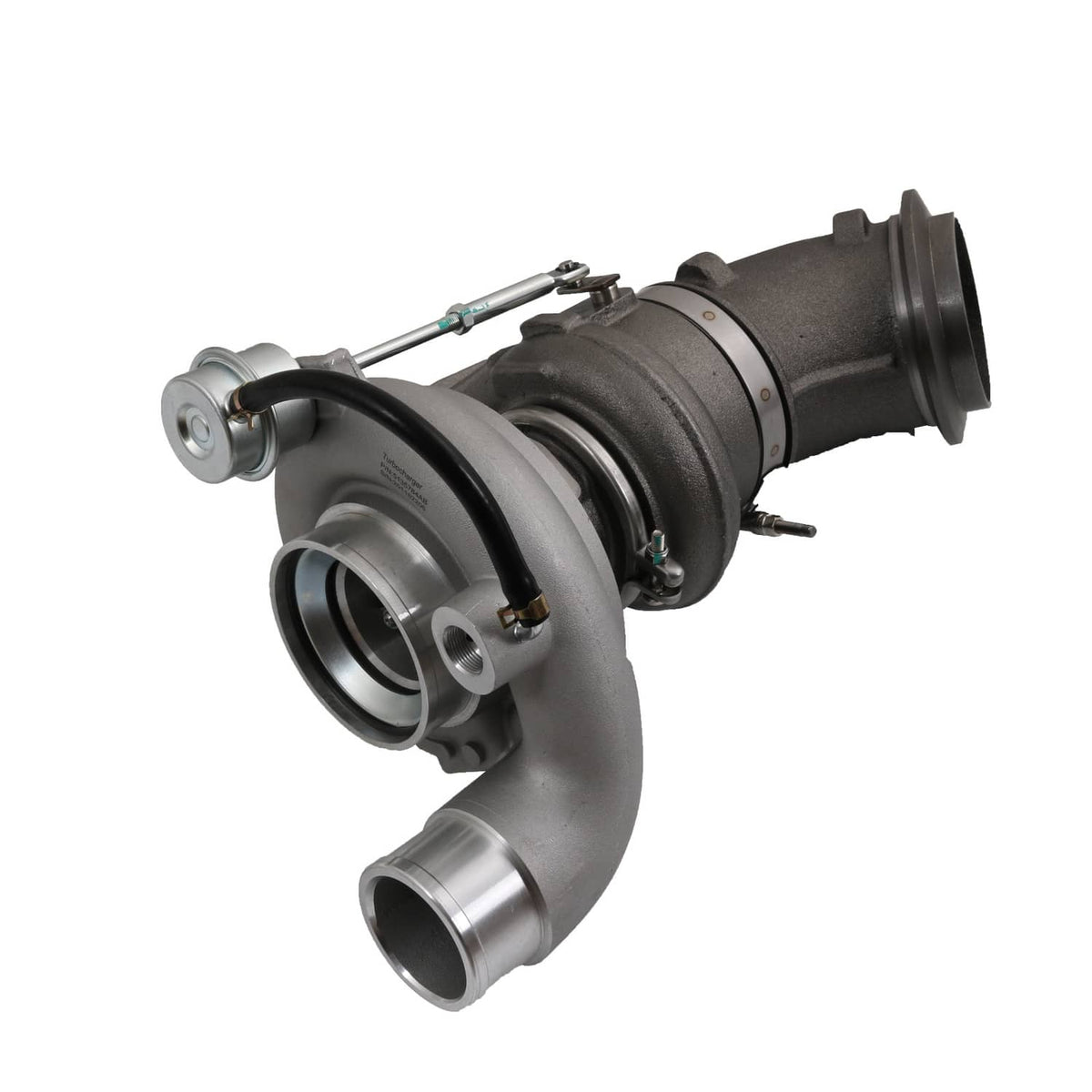 Turbocharger with metal compressor and exhaust housings, black intake piping attached
