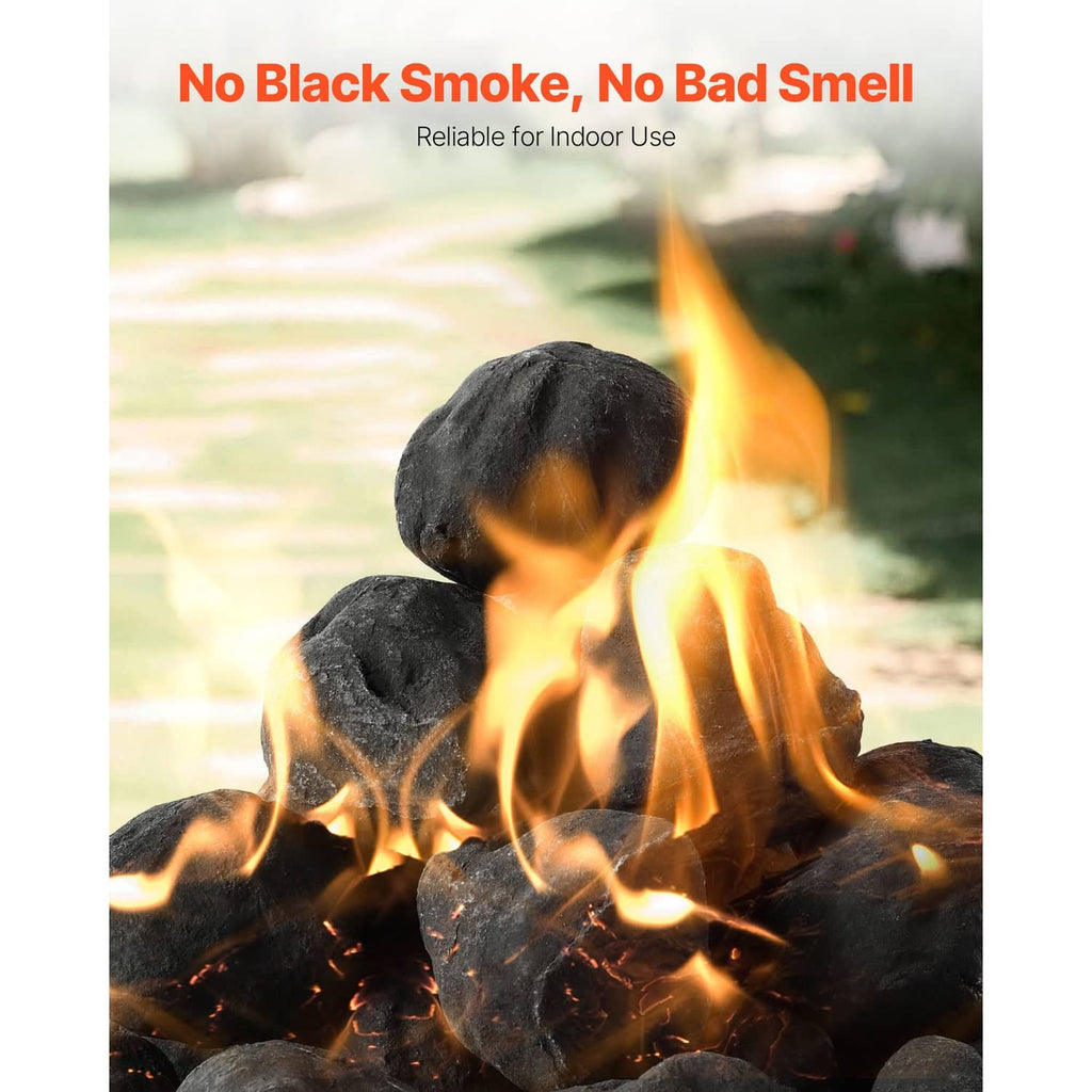 Black fire pit stones with visible flames rising around the rocks