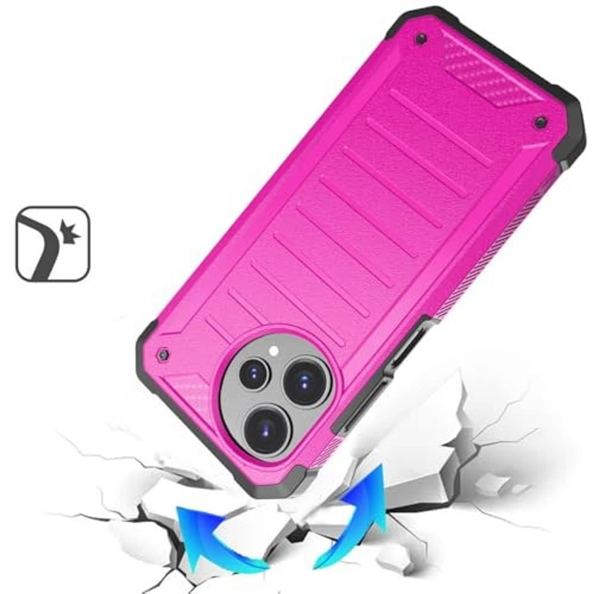 Pink rugged phone case with textured grip and camera opening