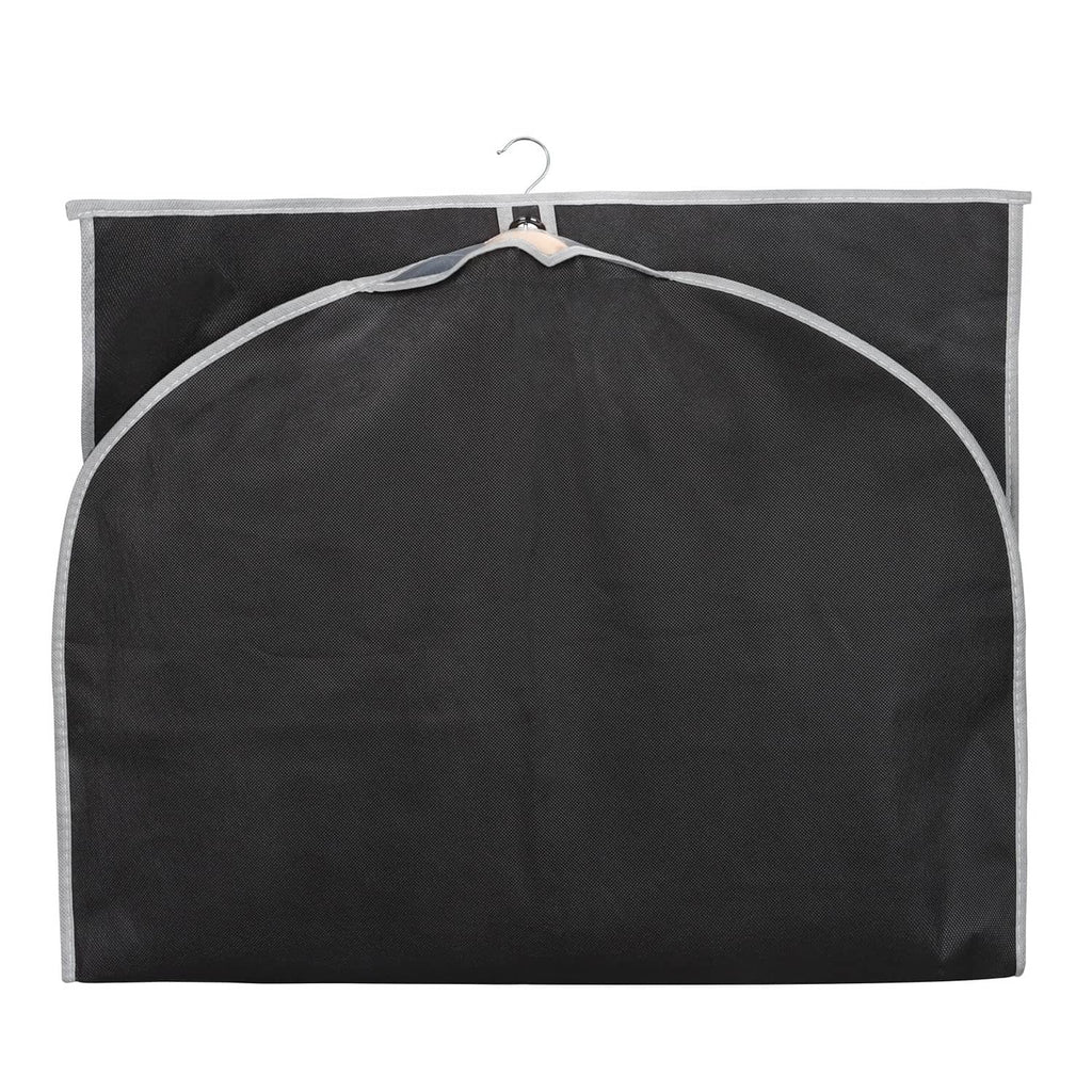 Black suit garment bag cover with arched top and single hanger, closed for storage
