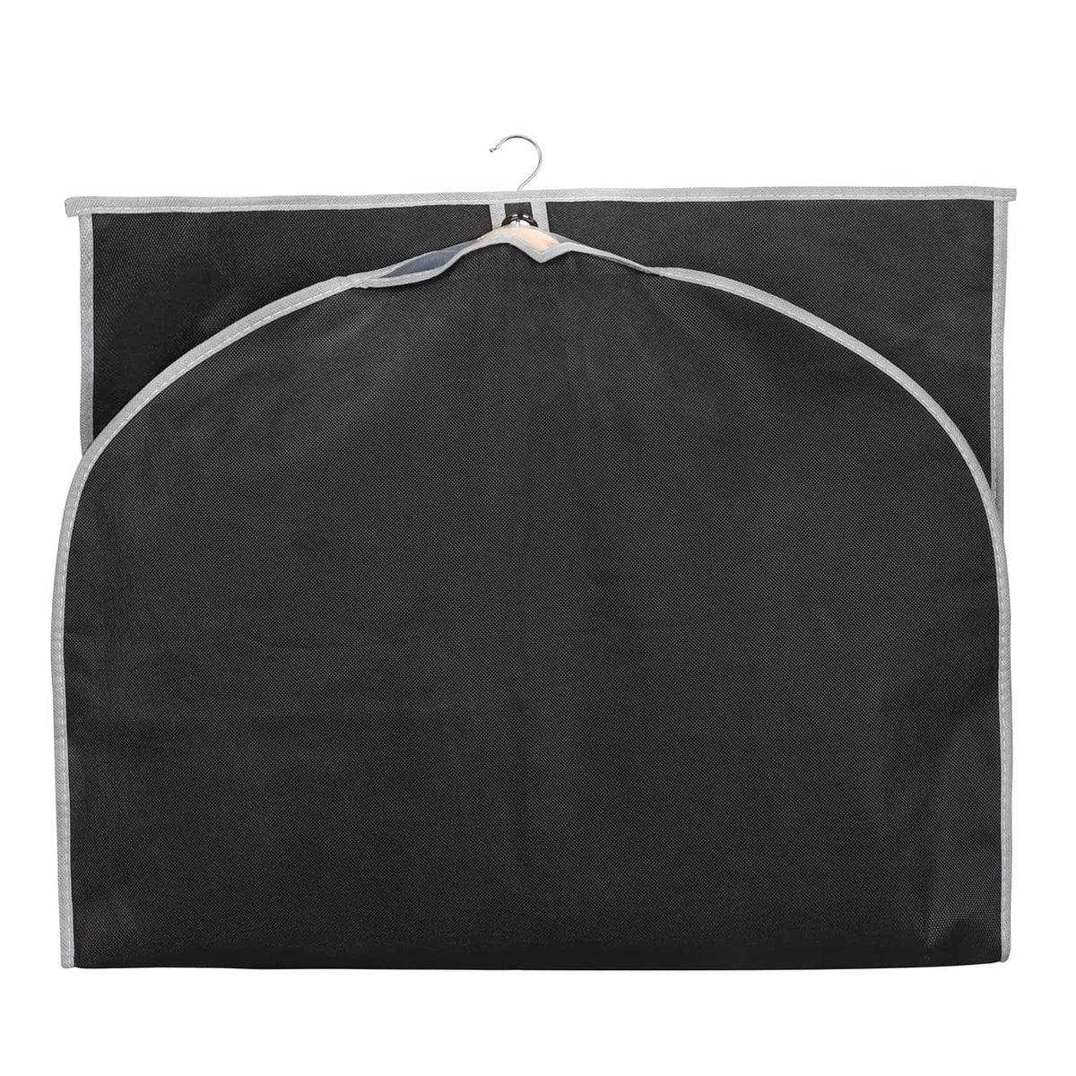 Black suit garment bag cover with arched top and single hanger, closed for storage