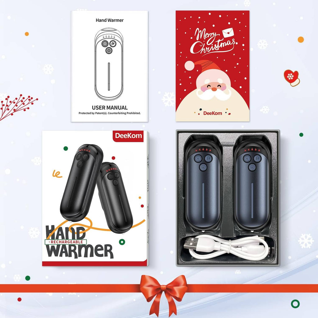 Retail box set with two black rechargeable hand warmers, cables, and manual inserts