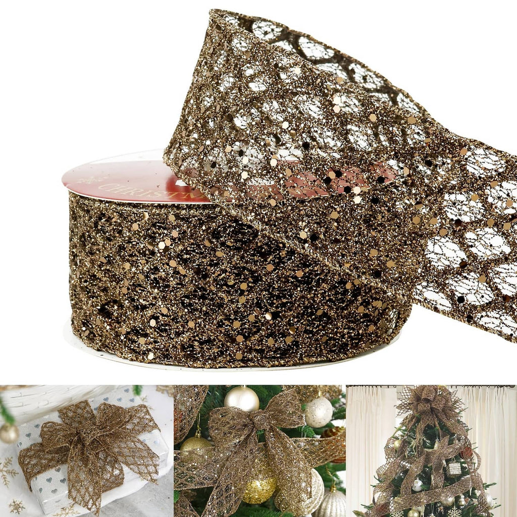 Brown wired glitter ribbon, copper-toned sparkle with scalloped edge trim