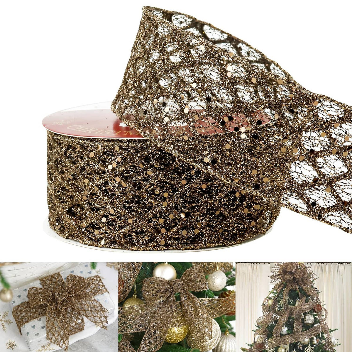 Brown wired glitter ribbon, copper-toned sparkle with scalloped edge trim
