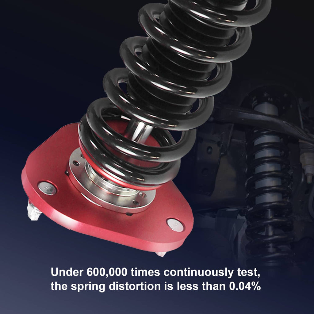 Close-up of red top mount and black coil spring on performance coilover strut