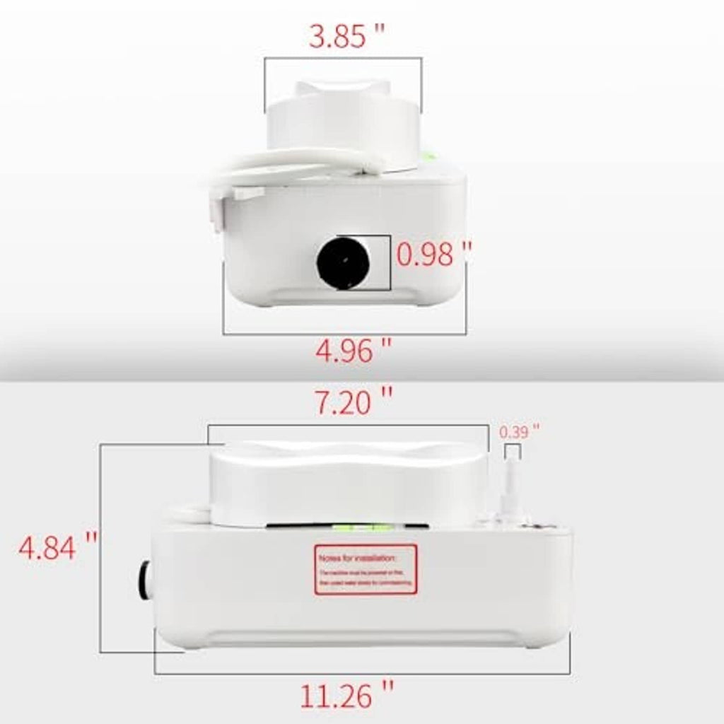 White condensate pump with dimension labels and measurement lines on a diagram.