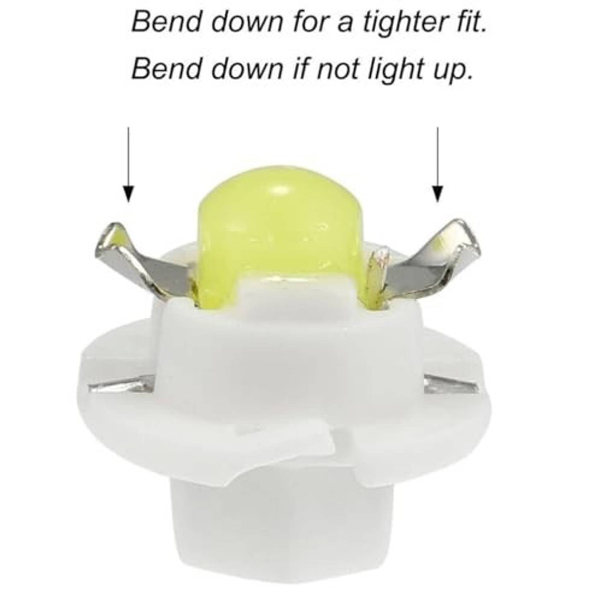 LED instrument gauge bulb with yellow lens in white base, bend-fit tabs