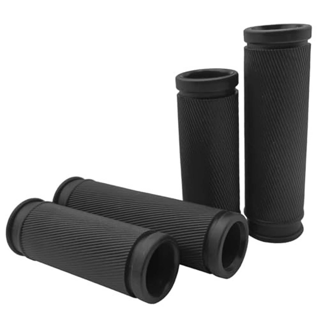 Pair of black ribbed bike handlebar grips with hollow ends and textured surface