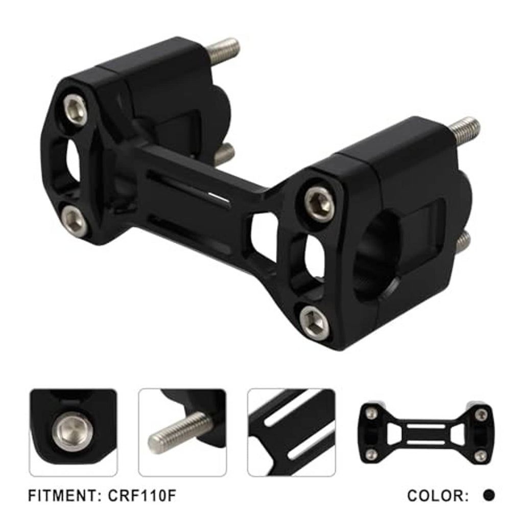 Black CNC handlebar riser clamp with side cutouts and three visible mounting bolts