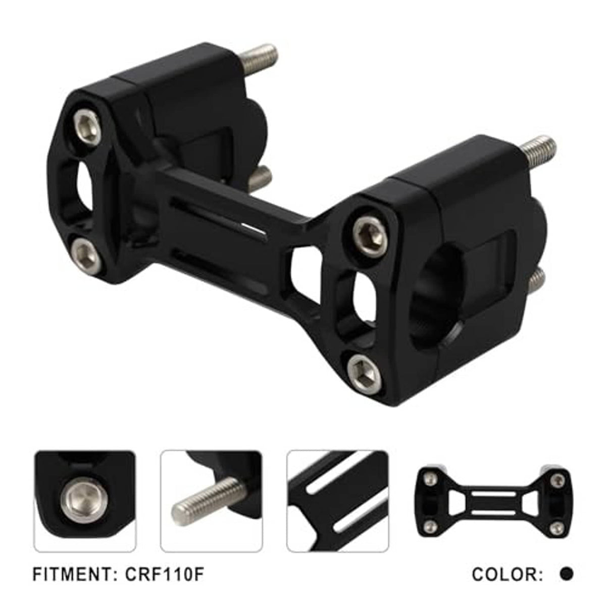 Black CNC handlebar riser clamp with side cutouts and three visible mounting bolts