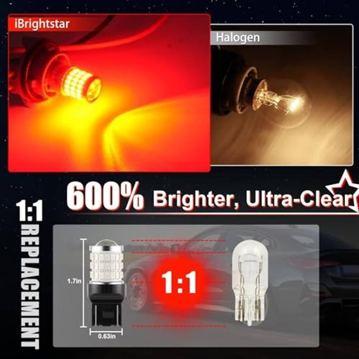 LED brake light bulb glowing red in a split comparison layout with another light