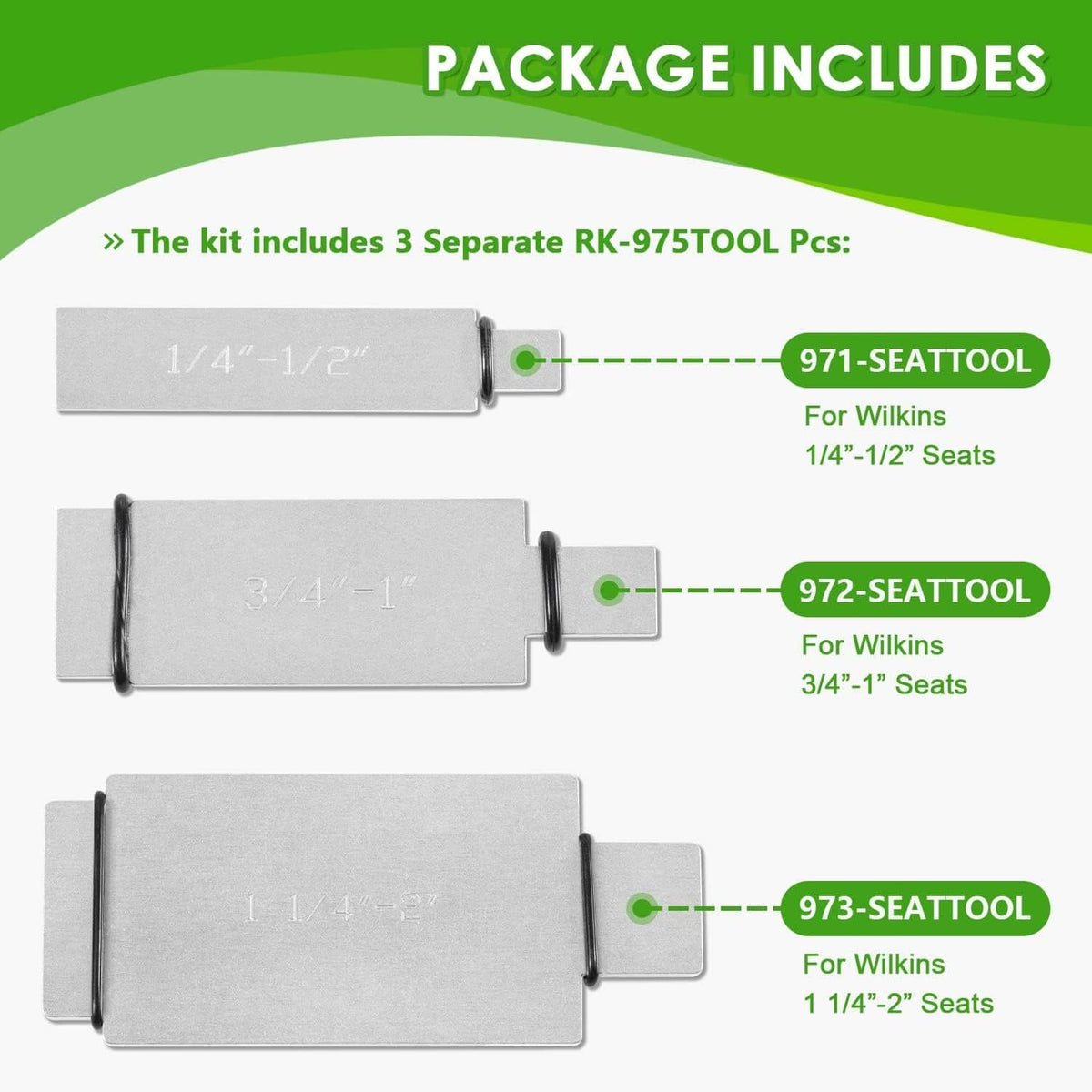 Three separate check seat removal tool inserts with black clip ends