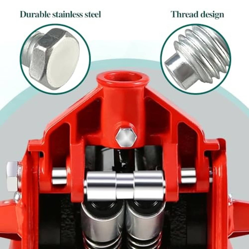 Red hydraulic floor jack frame with silver fixed screw and threaded rod