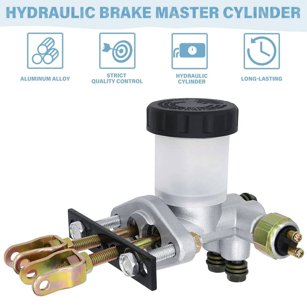 Hydraulic brake master cylinder with aluminum body, black cap, and side brake fitting