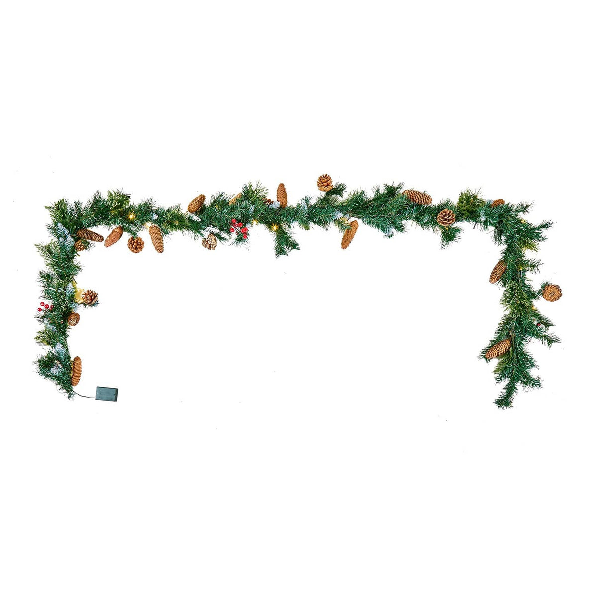 Pre-lit Christmas garland with pine needles, pinecones, red berries, and small warm lights