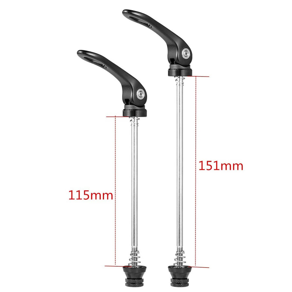 Black quick release skewers with 115mm and 151mm size indicators