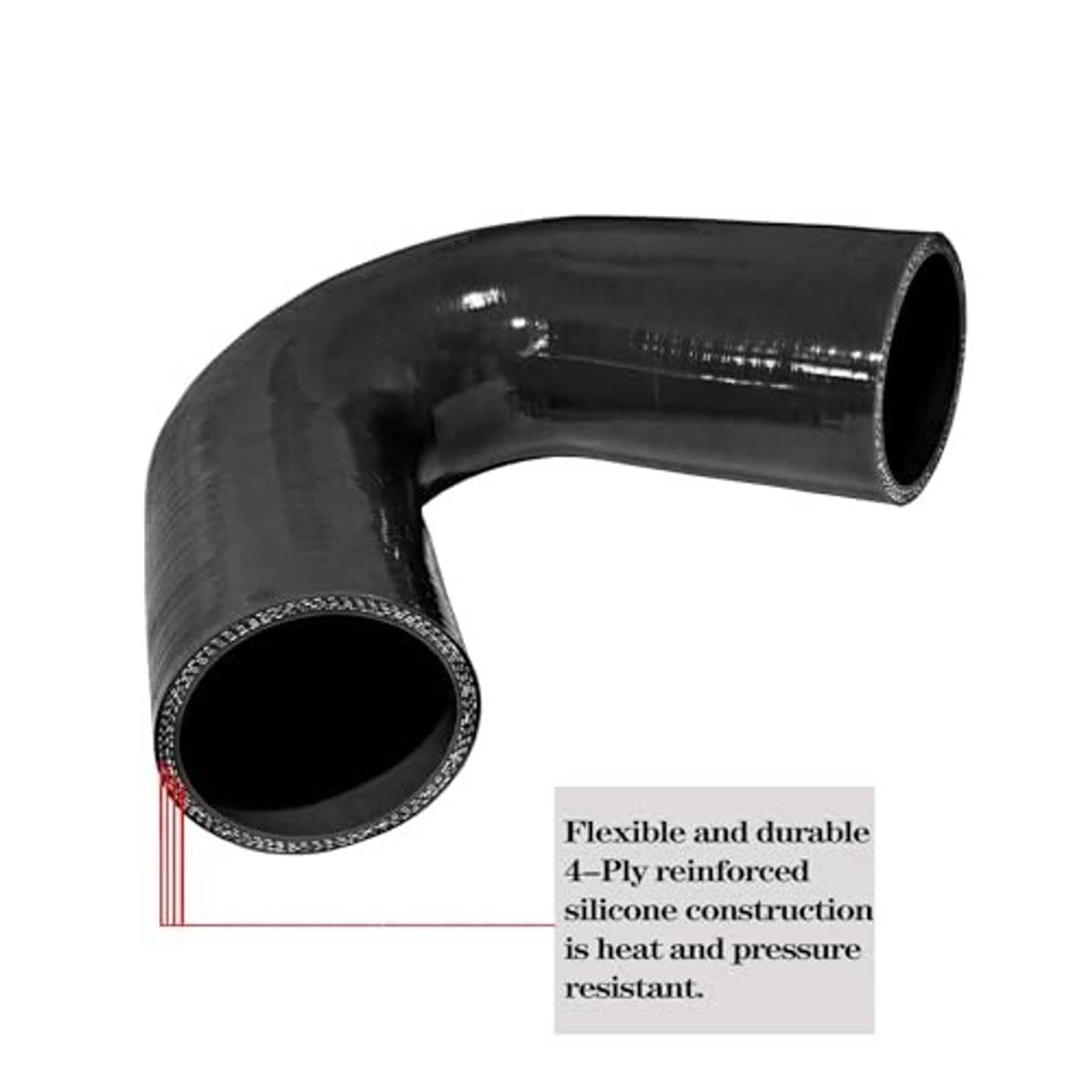 Black silicone 135-degree elbow coupler, side view showing two open hose ends