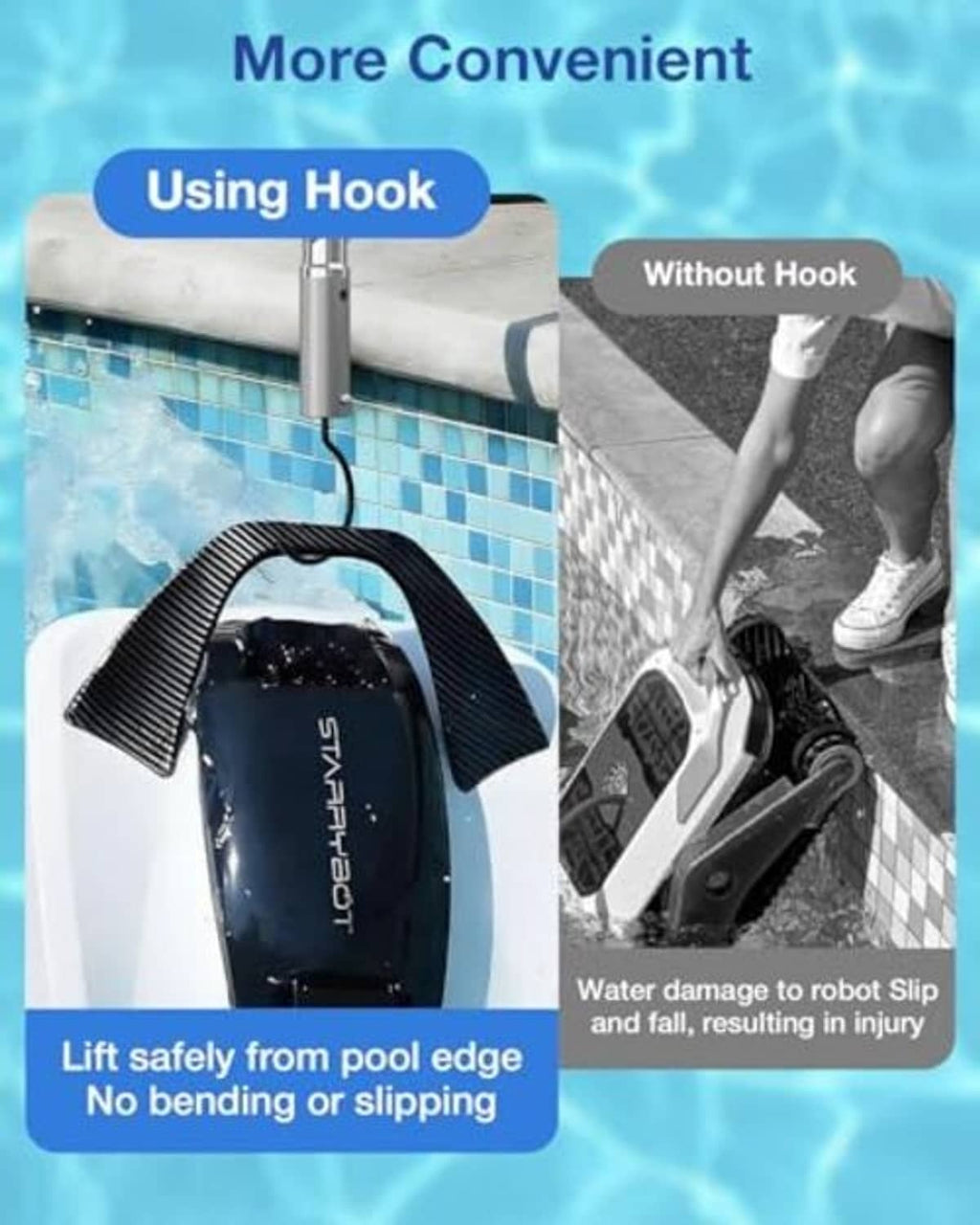 Black pool edge hook for lifting robotic cleaner, curved rod with cylinder grip
