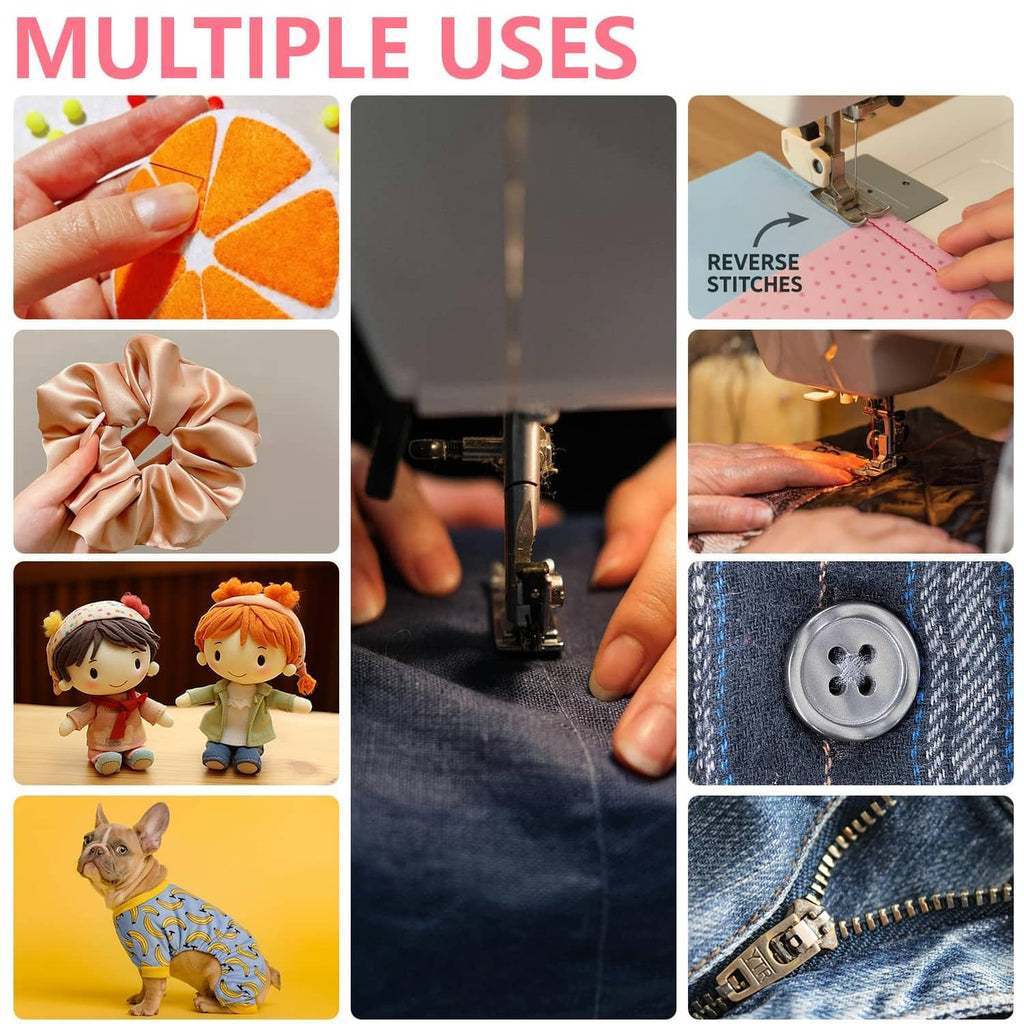 Sewing results collage showing multiple uses like hems, zippers, and garment repairs