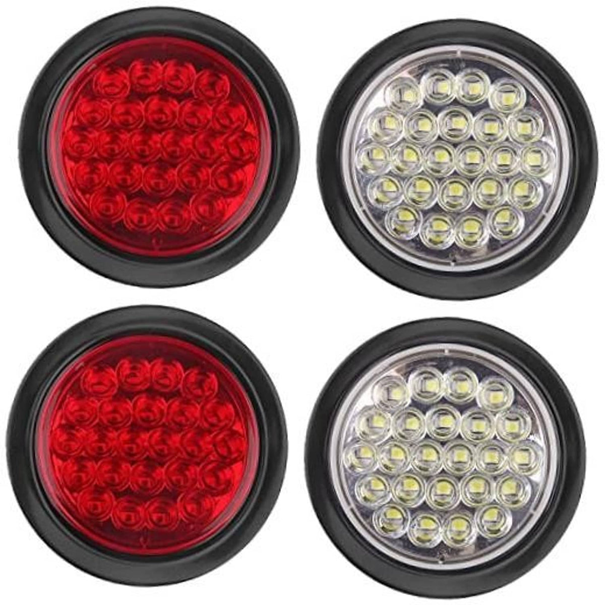 Set of four round LED stop/turn lights with red and white lenses in black bezels