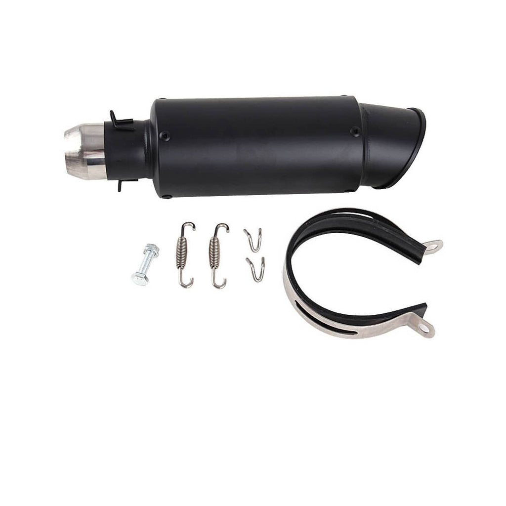 Black exhaust muffler with inlet pipe, mounting springs, screws, and retention clamp.