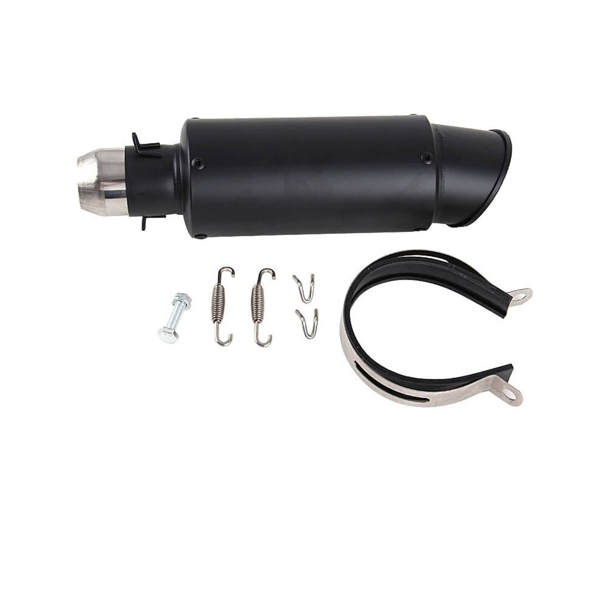 Black exhaust muffler with inlet pipe, mounting springs, screws, and retention clamp.